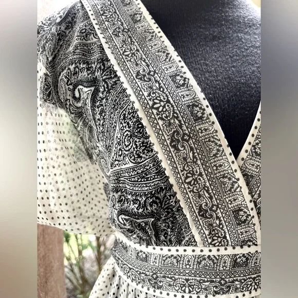 Vintage Adrianna Papell Silk Sheer Ivory & Black Polka Dot Flutter Sleeve Dress - Picture 5 of 12